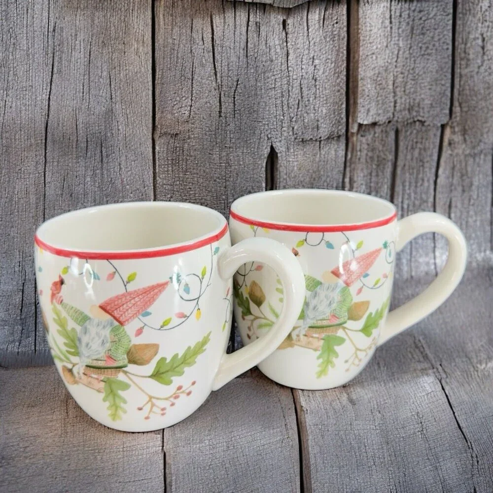 Pottery‎ Barn FOREST GNOME MUG Holiday Christmas 22oz Coffee Mug Ceramic Set 2